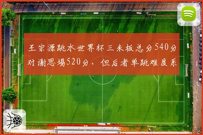 王宗源跳水世界杯三米板总分540分对谢思埸520分，但后者单跳难度系数更高